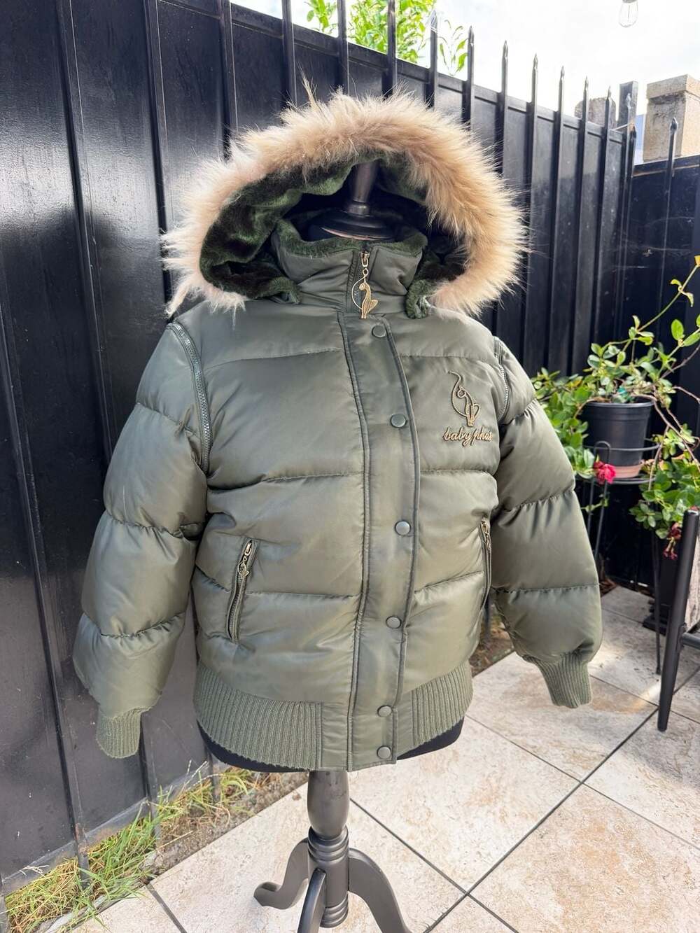 Baby Phat Vintage Y2K Olive Green Puffer Down Jacket with Faux Fur Hood Size 1X